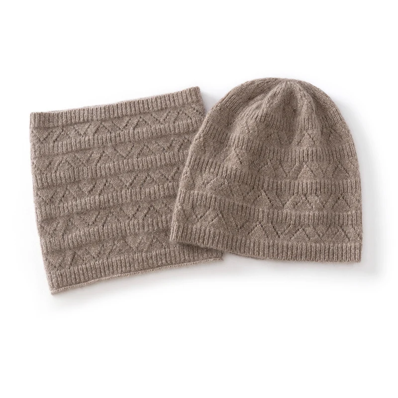A-Class Cashmere Ladies Two-Piece Knitted Hollow Bean Hat Collar Winter Outdoor Warm Hat+Scarf Female Fashion Accessories
