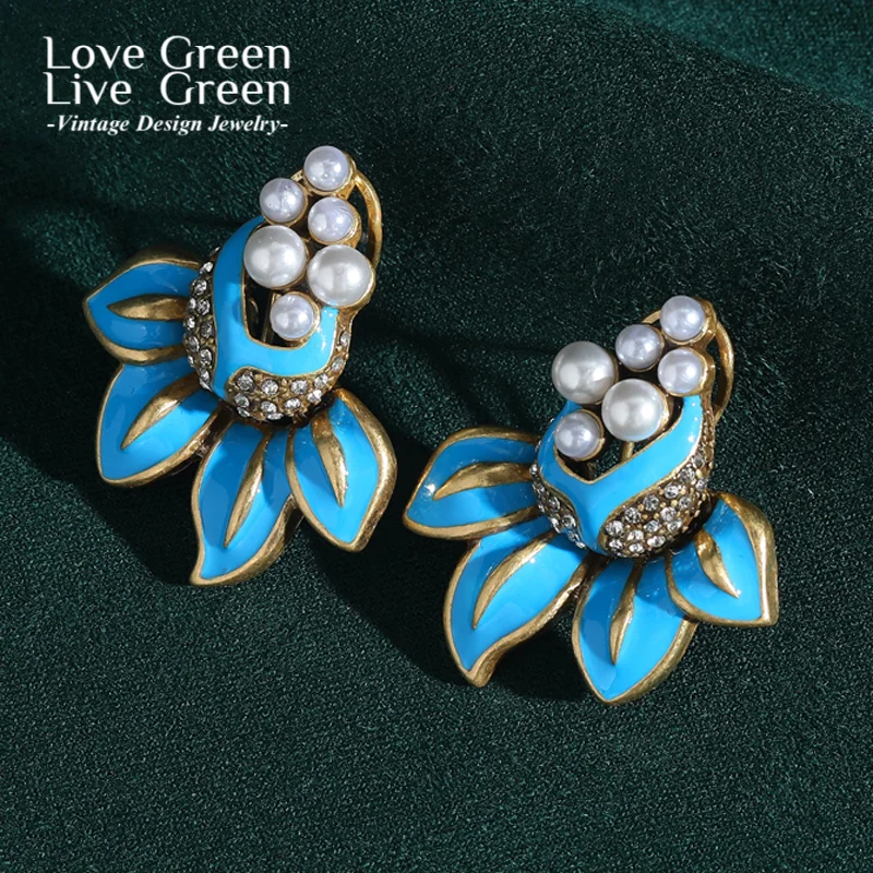 

Vintage Blue Goldfish Stud Earring Pearl Gold Color Rhinestone Quality Luxury Designer Gifts New Trends In 2025 For Woman Party