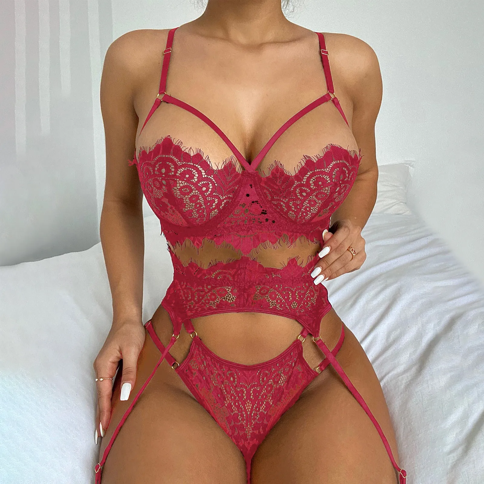 Hot Erotic Bra+Thongs Garters Set Plus Size Women Lingerie Sexy Underwear Set Porn Sex Costumes Transparent Lace Babydoll 4XL