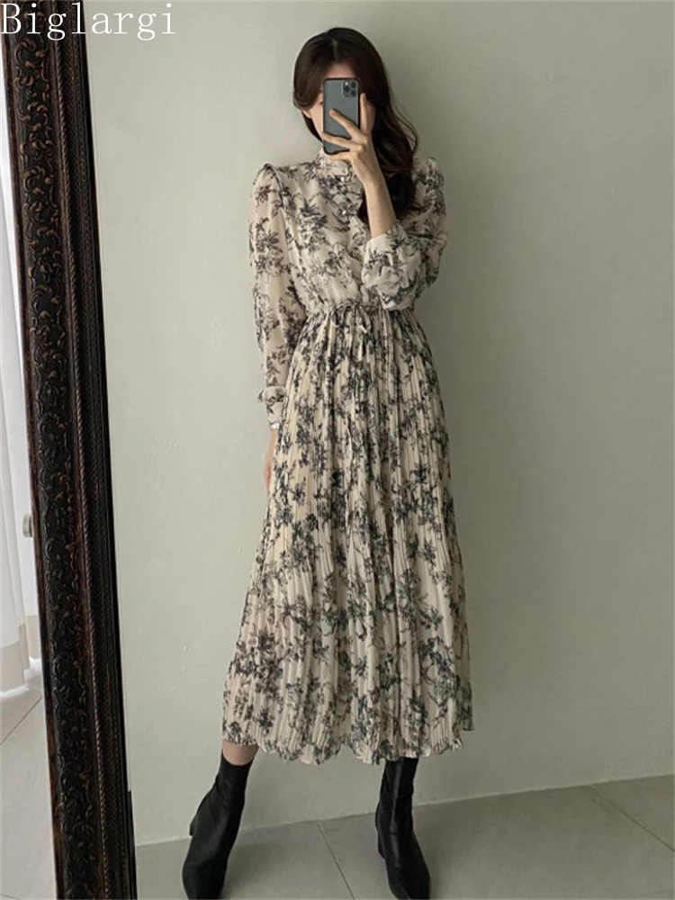 Korea Spring Women New Floral Chiffon Dress Casual Pleated Woman Dress Fashion Ladies Womens Print Long Sleeve Dresses