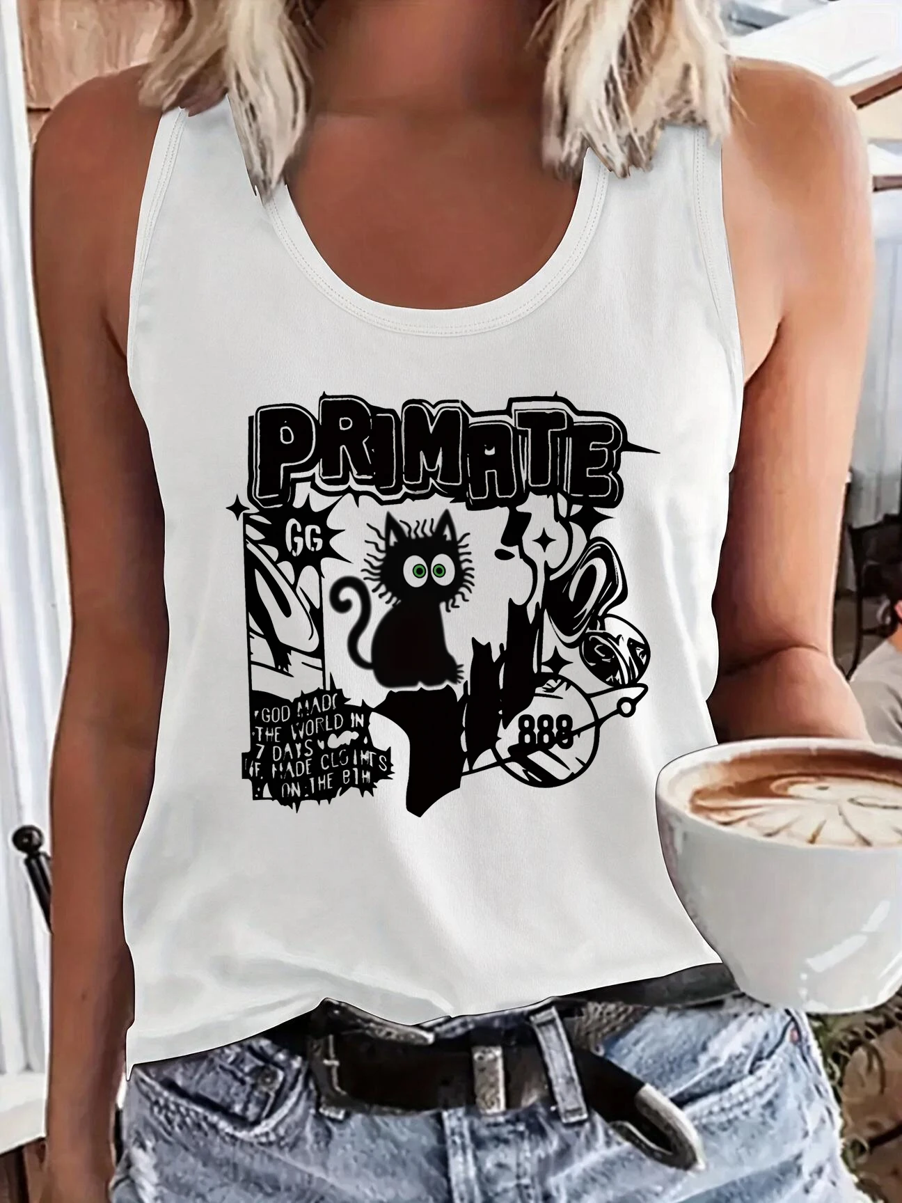 Women's Trendy Style Vest T Shirt Vintage Y2K Balck Cat Print Sleeveless Tank Tops Funny T-shirt with Kitten Design Clothes 90s