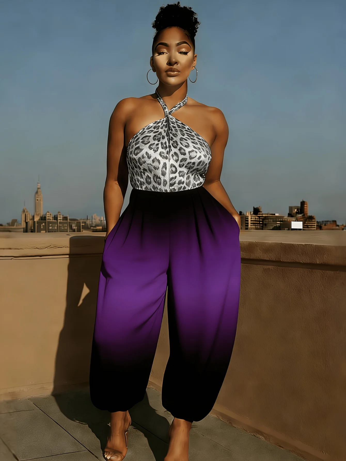 

Leopard Print Gradient Patchwork Halter Jumpsuit High Waist Baggy Harem Pants Sleeveless Slim Fit Party Clubwear for Women