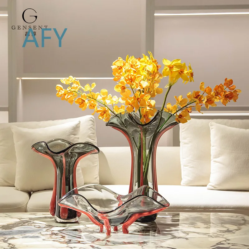 Crystal Decorative Vase for Jingchun Home Art Style Dining Room and Living Room for Sample House Red Gray Elegant Interior