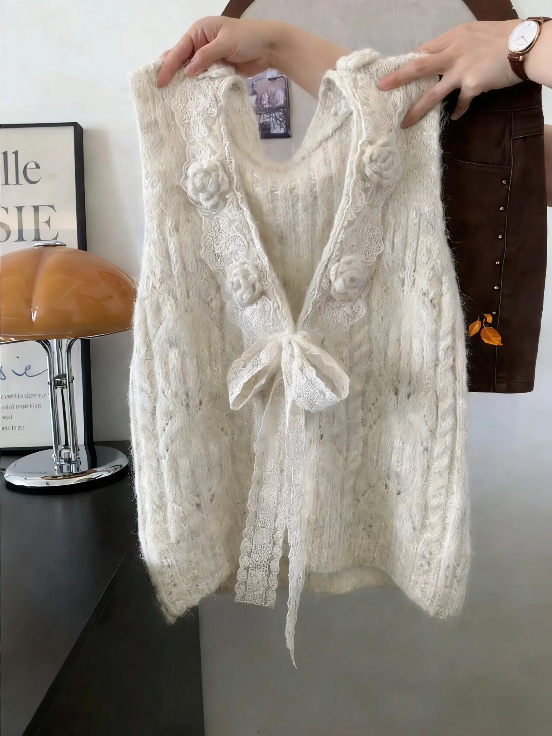 

Женский вязаный жилет с ажурным узором, цветочный 3D-дизайн, универсальный свитер для многослойных образов, французский стиль, средней мягкости, весенний.