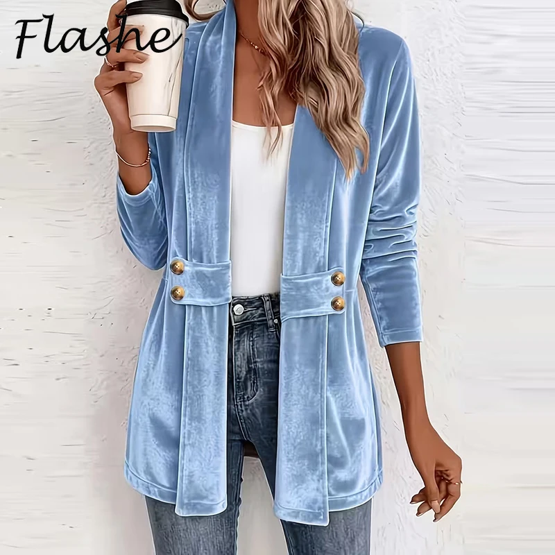 Autumn Winter Velvet Jacket Women Fashion Turn Down Collar Long Sleeve Button Cardigan Female Office Blazers Coats