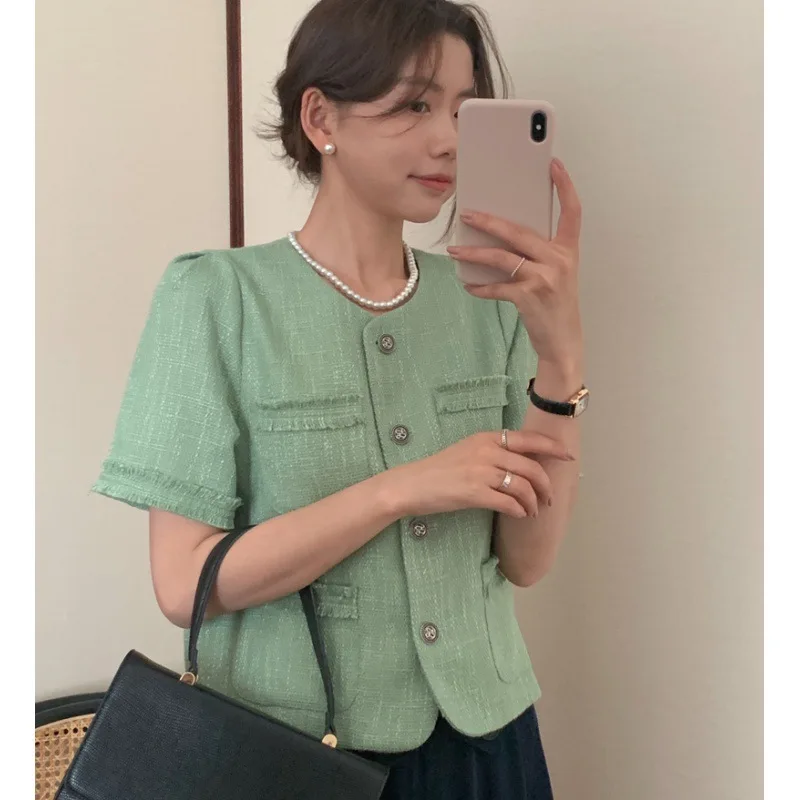 Moda coreana retrò girocollo bottone monopetto tinta unita 2025 Novità in giacche corte casual a maniche corte estive