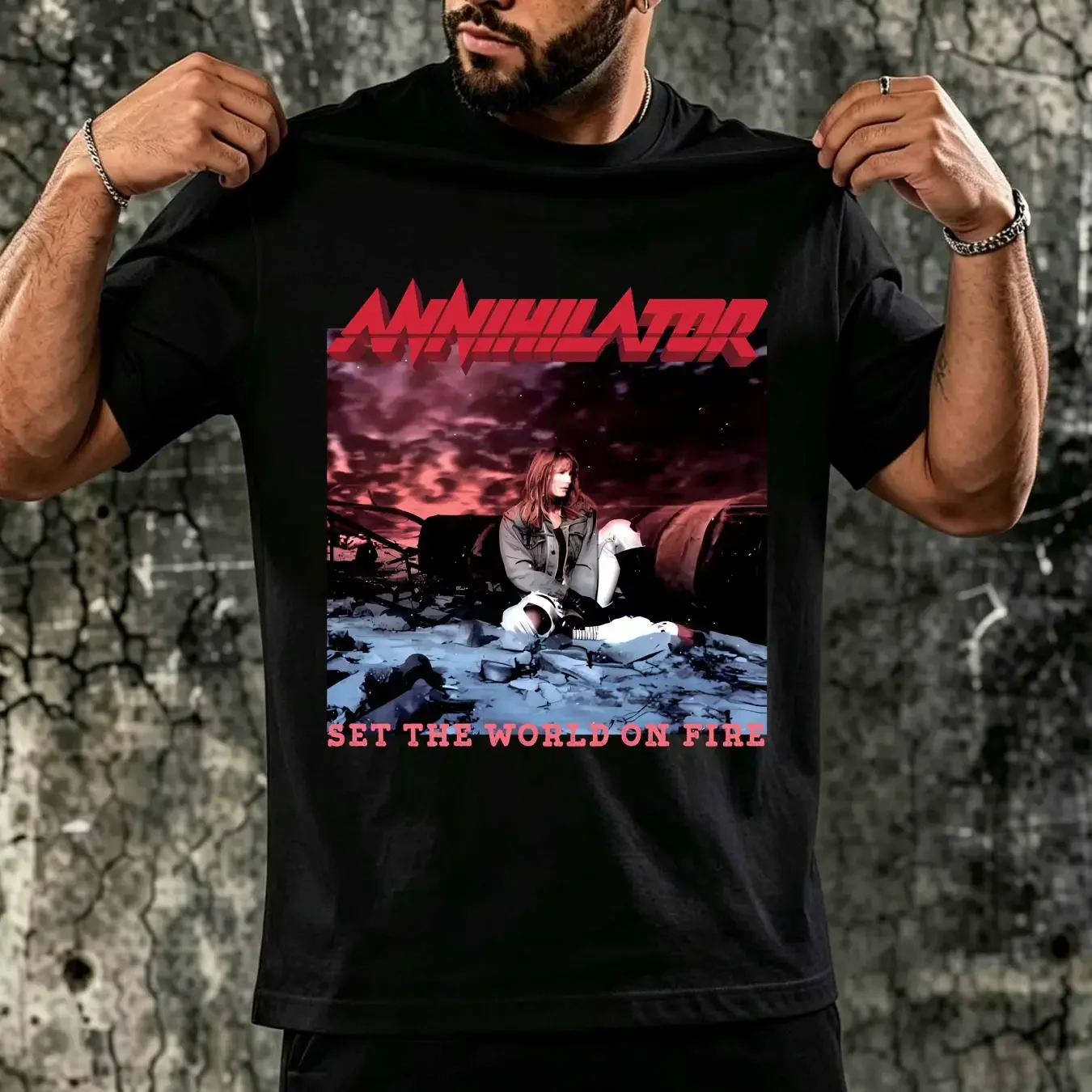 washed T Shirt Annihilator Set The World On Fire Black All Sizes YA948 vintage Washed fashion Casual Unisex streetwear homme