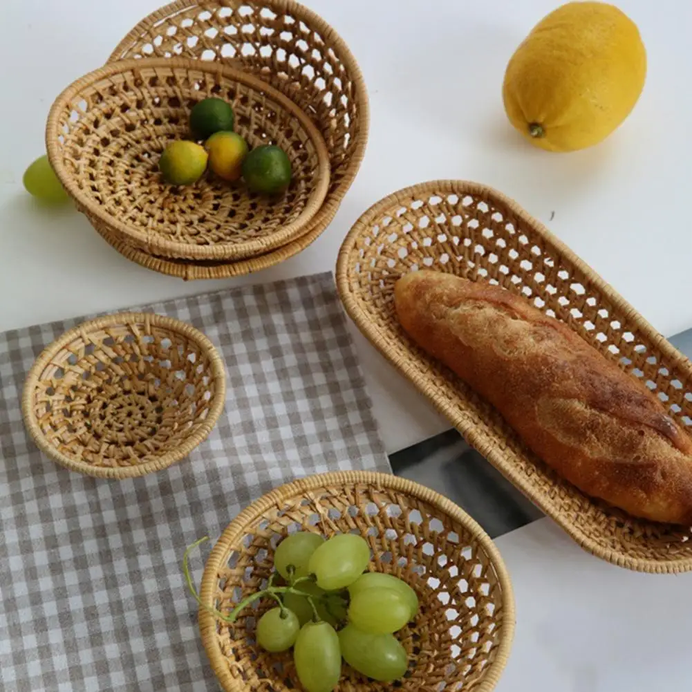

Desktop Storage Tray Hand-woven Rattan Tray Set for Home Decor Storage Natural Wicker Baskets for Fruits Snacks Multi-purpose
