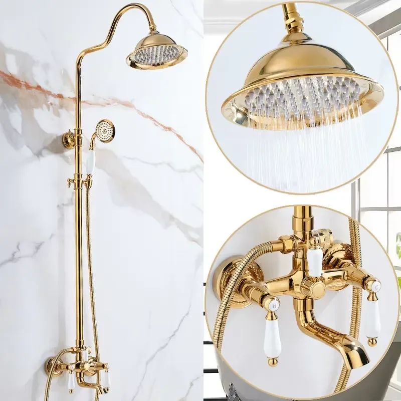 European Style 3 Functions Shower Set Antique Brass Wall Mounted Rainfall Hot and Cold Water Shower Set
