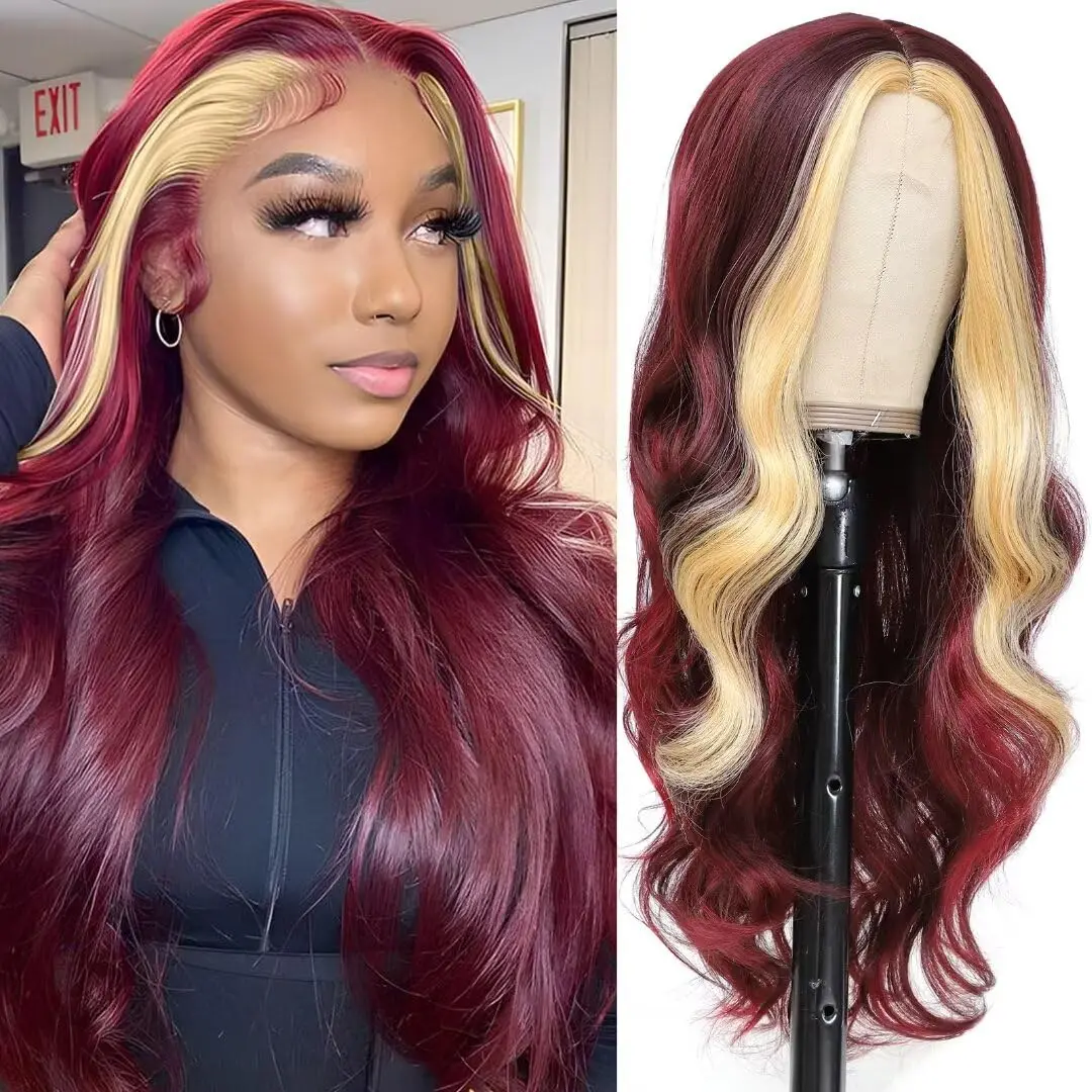バーガンディ 613 ハイライト ウィッグ ブロンド 13x4 HD バーガンディ合成レース フロント ダークレッド ボディ ウェーブ