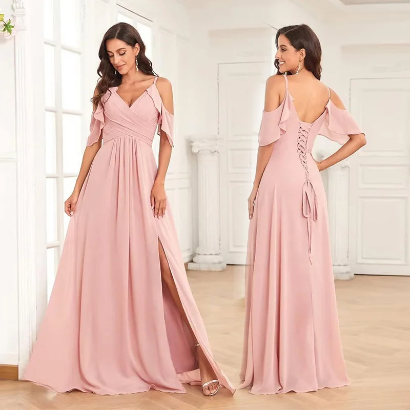 

Элегантное шифоновое платье А-силуэта с разрезом, на тонких бретельках, с плиссировкой и оборками, для подружек невесты, вечерних мероприятий, свадеб, выпускных, коктейльных вечеринок, на шнуровке