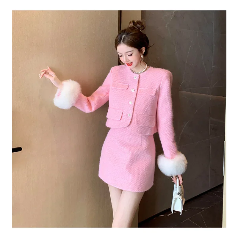 French Tweed Small Fragrance Quilted Coats + Mini Skirt Suit Women Long Sleeve Stitching Fake Hair Fashionwhite Two-piece Set