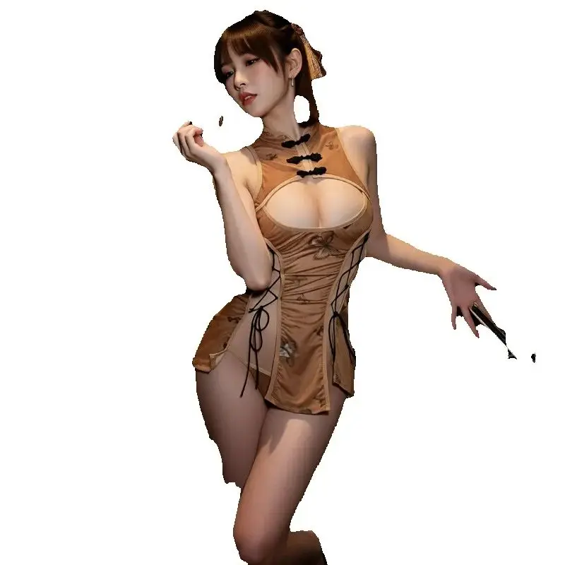 

Sexy Lingerie Women's Vintage Style Exposed Breasts Cheongsam Pure Desire Hollow Out Sexy No Take Off Flirtatious Uniform