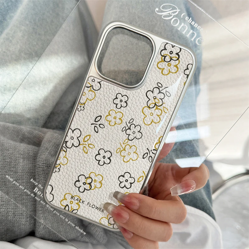 حافظة هاتف مصنوعة من الجلد بالزهور السوداء لهاتف iPhone11/12/13/14/15/16/20 Pro Max AIR PLUS