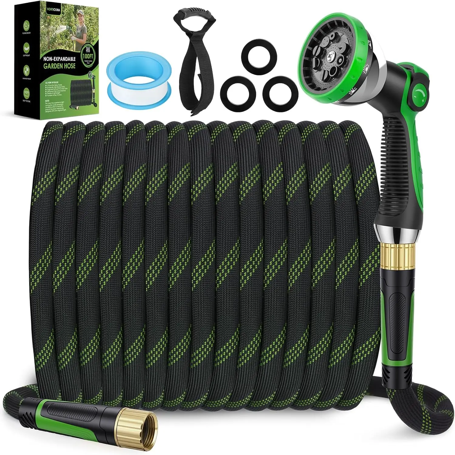 Non-Expanding Garden Hose 100 ft, Lightweight Hose & Flexible Water Hose With 10-Pattern Spray Nozzle