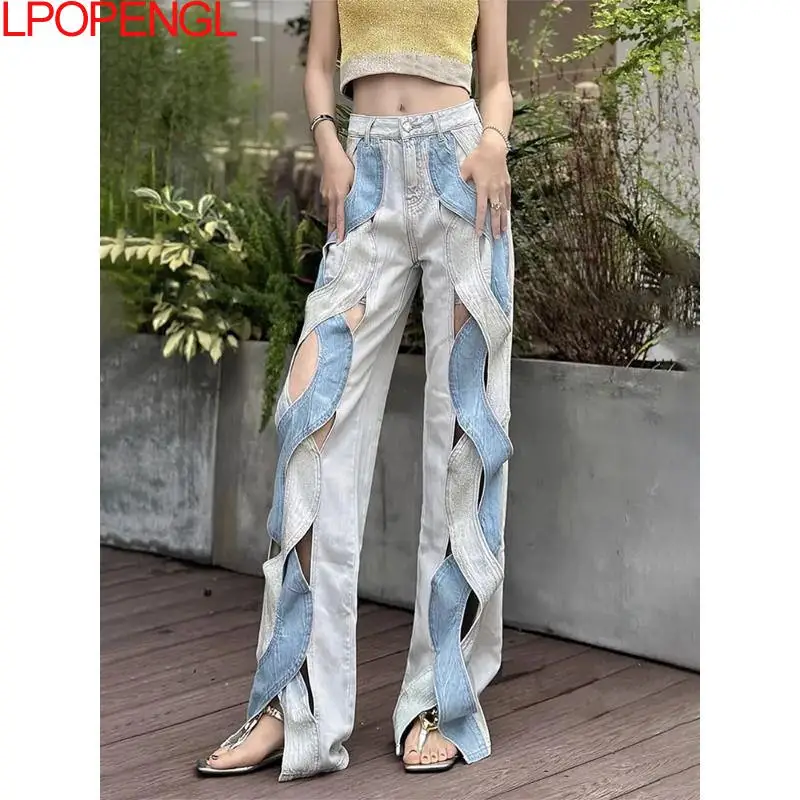 Woman Spring And Summer Personalized Patchwork Streetwear Contrasting Hollowed Out Jeans Wide Legs Straight Floor Length Pants