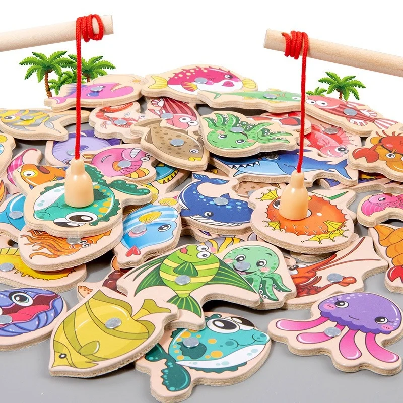 Conjunto de brinquedos de pesca magnéticos de madeira para crianças montessori brinquedo educativo jogo de animais marinhos criança aprendendo coordenação mão-olho