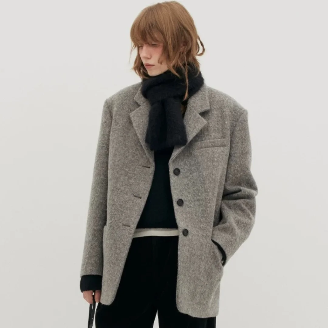 سترة صوفية شتوية سميكة للنساء، تصميم كلاسيكي فضفاض بأكمام طويلة، لون واحد، نمط عملي، دافئة مع بطانة قطنية