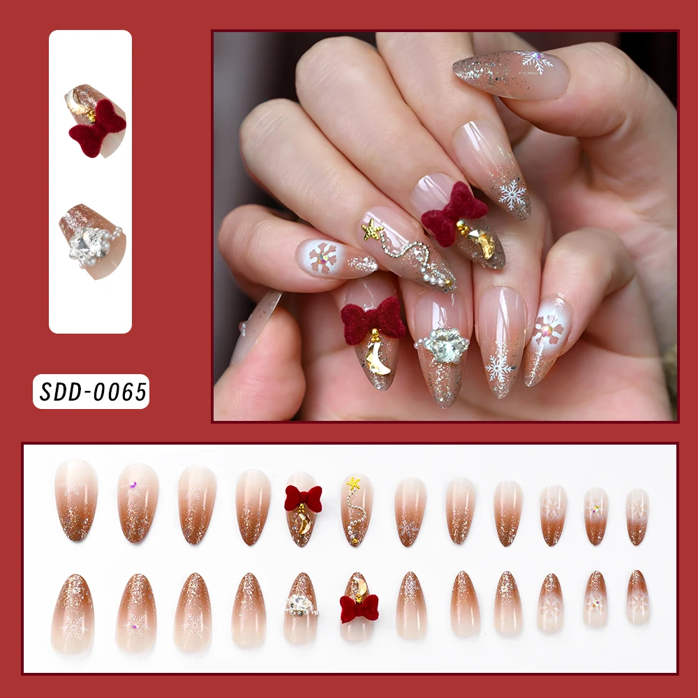 24 pçs glitter em pó francês natal unhas falsas floco de neve amêndoa cobertura completa unhas falsas com bowknot strass imprensa em unhas
