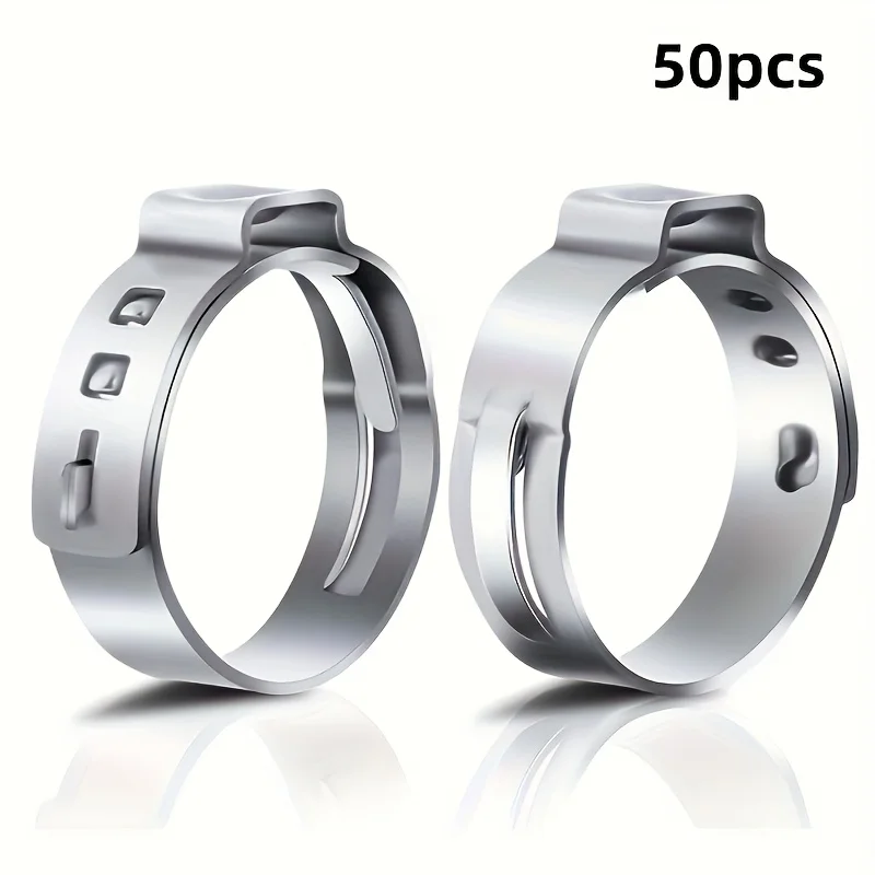 50-Piece Set Single Ear Hose Clamp 5.8-15.7mm 304 Stainless Steel Press-On Hose Clamp Kit for Automotive Hose Fixation