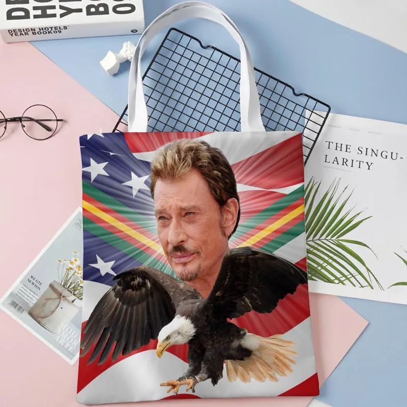 Custom Johnny Hallyday Tote Bag Cotton Cloth Shoulder Shopper Bags for Women Eco Foldable Reusable Shopping Bags 1014