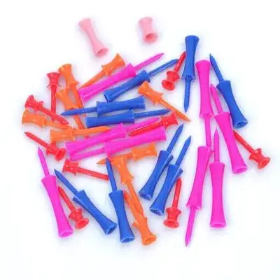 Zestaw 40 tee golfowych, 4 rozmiary: 78 mm, 68 mm, 48 mm, 41 mm, różowe, czerwone, tee stopniowane, plastikowe tee w kształcie zamku do driving range.