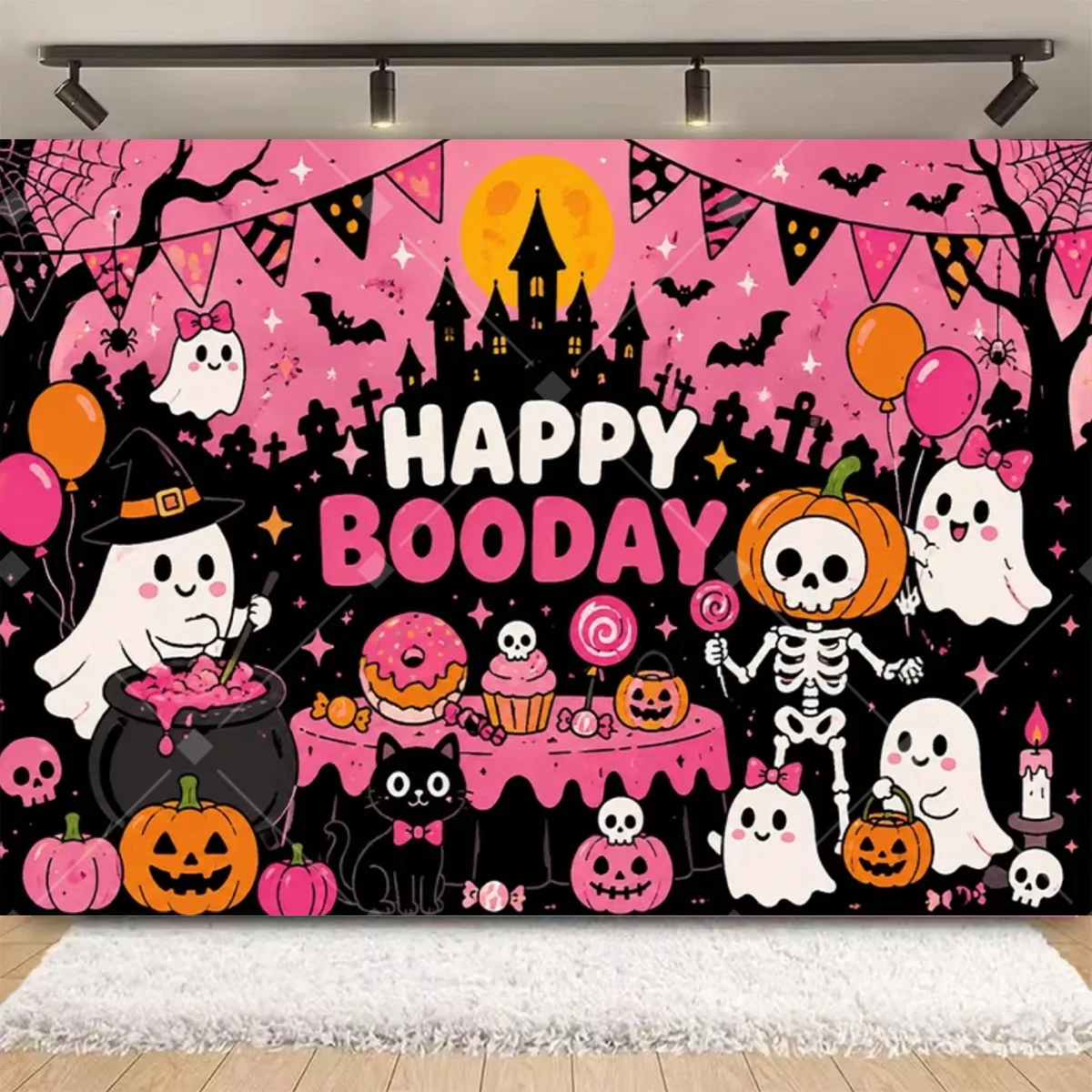 A Little Boo Is Almost Due Cute Ghost Pumpkin Bat Witch Castle Photo Background Halloween Theme Newborn Baby Party Wall Decor 3
