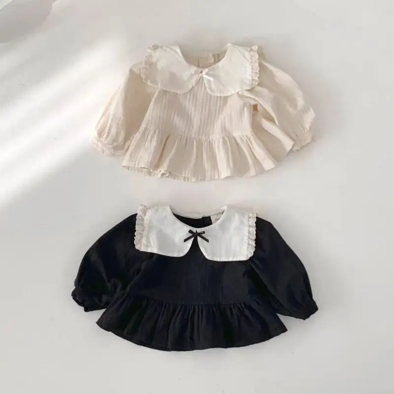 

2025 Autumn New Girls Long Sleeve Lapel T Shirts Solid Baby Girl Cute Bow Lace Shirts Cotton Infant Loose Tops Toddler Clothes