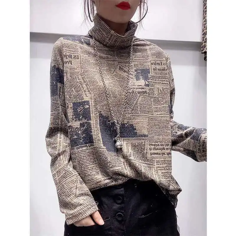 Elegant Fashion Casual Character Printed T-shirt Spring Autumn 2022 New Long Sleeve Turtleneck Loose Basic Tops Women\'s Clothing