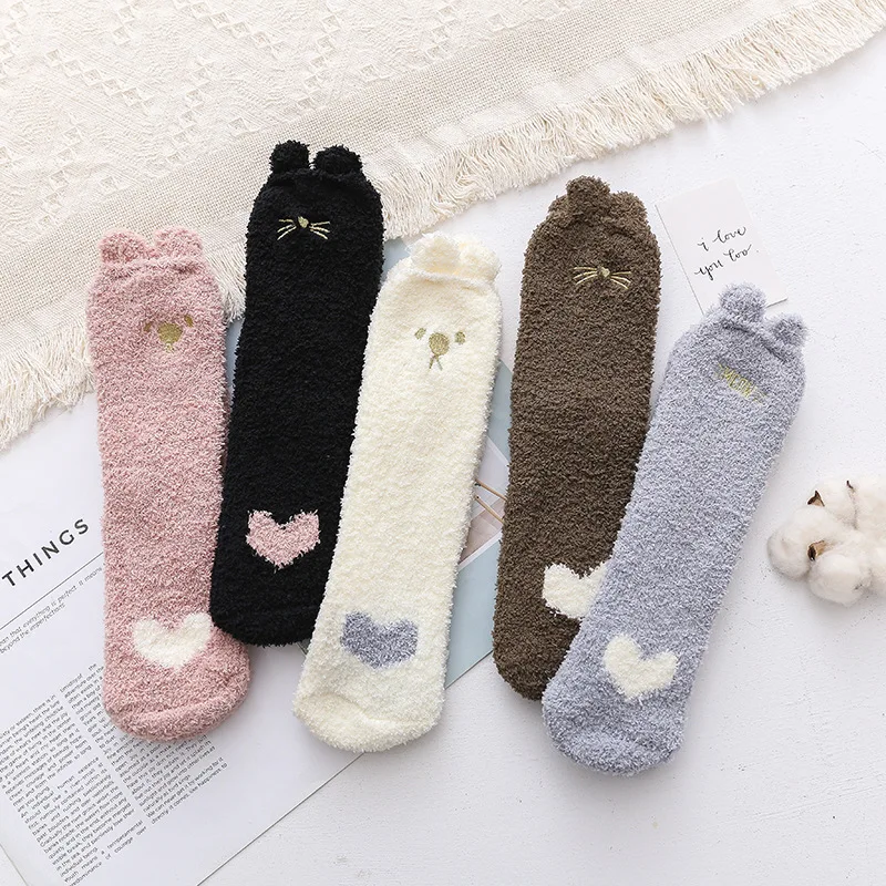 5 pairs lot pack women socks No shed hair Sleep socks Coral fleece embroidery Home socks Comfortable Three-dimensional ear socks