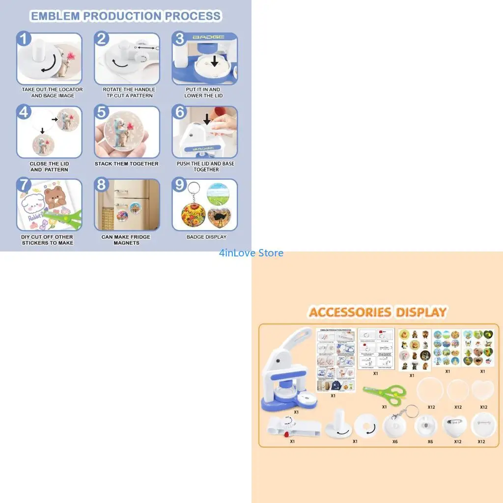 

T4MD Portable Badge Press Set 48 Patterns 4 Stickers Safe ABS Construction Accessory for Childrens Art and School Projects