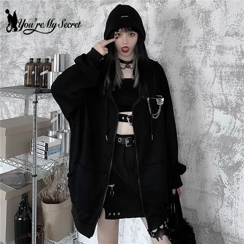 [You\'re My Secret] Gothic Punk Black Women Hoodies Sweatshirts Printed Long Sleeve Hoodie Female Loose Coat Hooded Autumn Winter