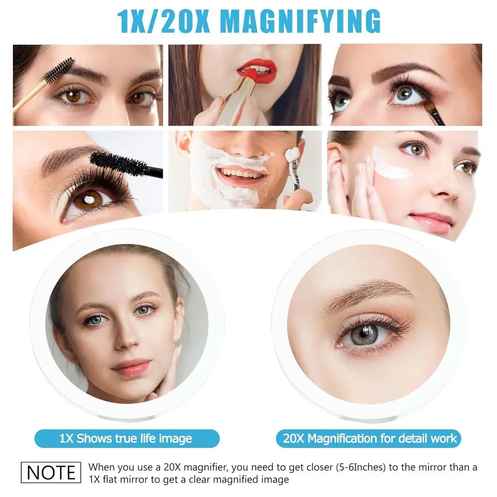Miroir de maquillage portable éclairé par LED double face avec grossissement 1X/20X pour le toilettage en déplacement