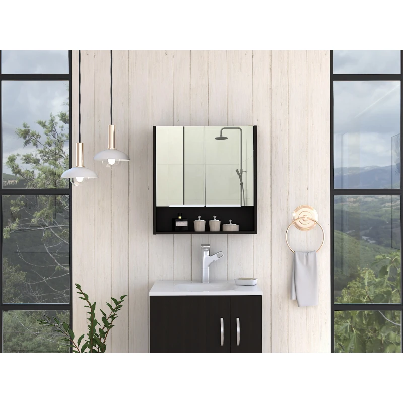 

Jaspe Mirror Cabinet, Three Internal Shelves, One Open Shelf, Double Door Cabinet -Black