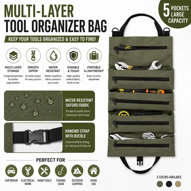 5 Compartments Tool Handbag Multi-functional: Canvas Bag Vehicle Maintenance Storage Multi-Layer