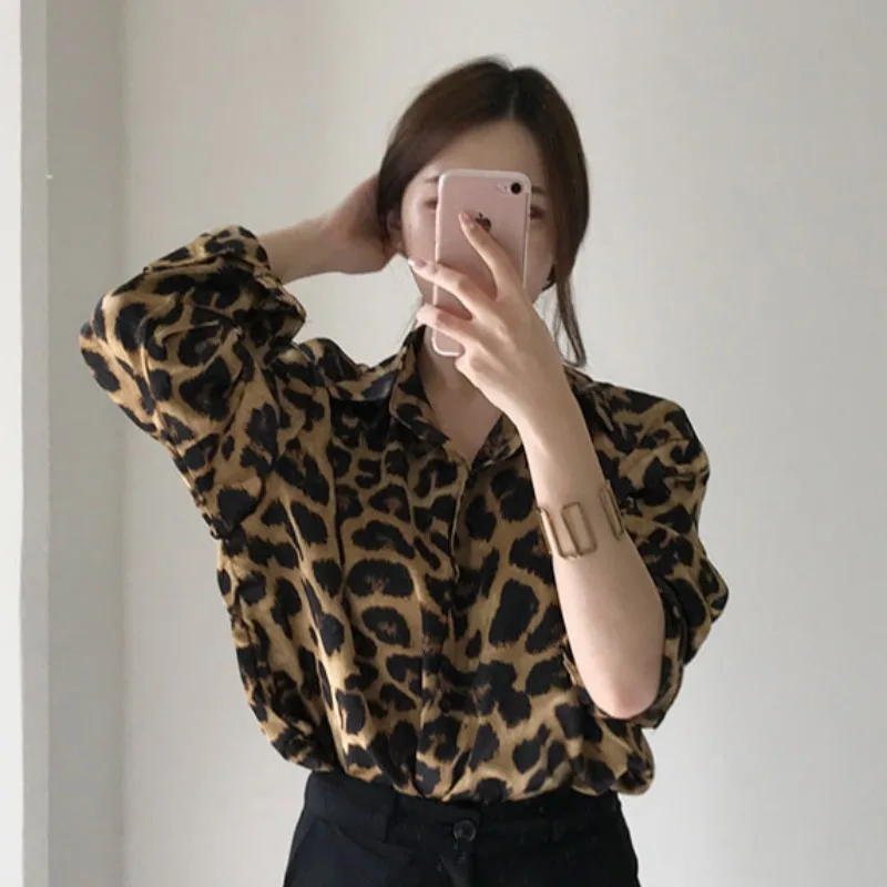 Women Shirt Leopard Print Blouses Vintage Full Sleeve Casual Loose Tops Shirts Work Y2k Streetwear Elegant Splice Blouse