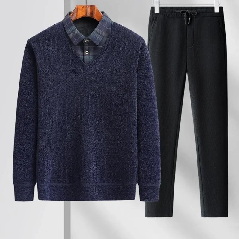 Men Fake Two Piece Plaid Collar Knit Sweater And Elastic Waist Casual Pants Warm Fleece Lined Set For Middle Aged view 3