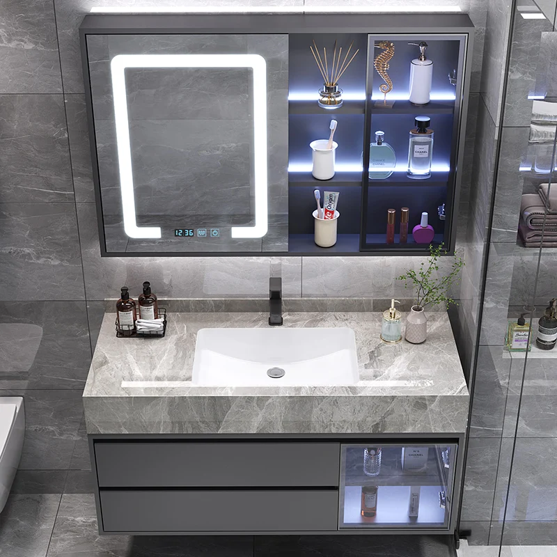 Rock Slab Ceramic Basin Bathroom Cabinet Combination Modern Light Luxury Bathroom Wash Basin Bathroom Set