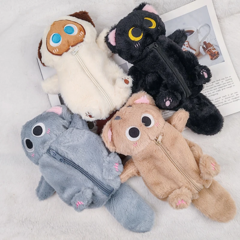 Cartoon Cat Plush Pencil Case Large Capacity Stationery Storage Bag Fashion Pen Bag Cute Stuffed Animal Cat Pencil Bag Gifts
