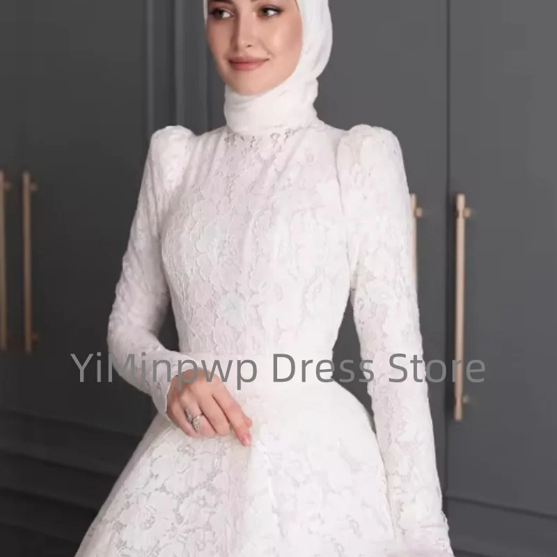 Bescheiden moslim trouwjurken met hijab voor bruid hoge hals lange mouw a-lijn sweep trein kanten jurk bruidsjurken op maat