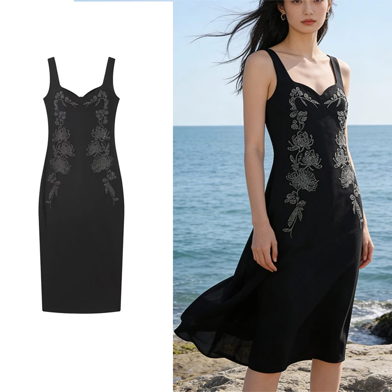 Elegant Black Sleeveless Midi Dress with Floral Rhinestone Embroidery for Evening Party