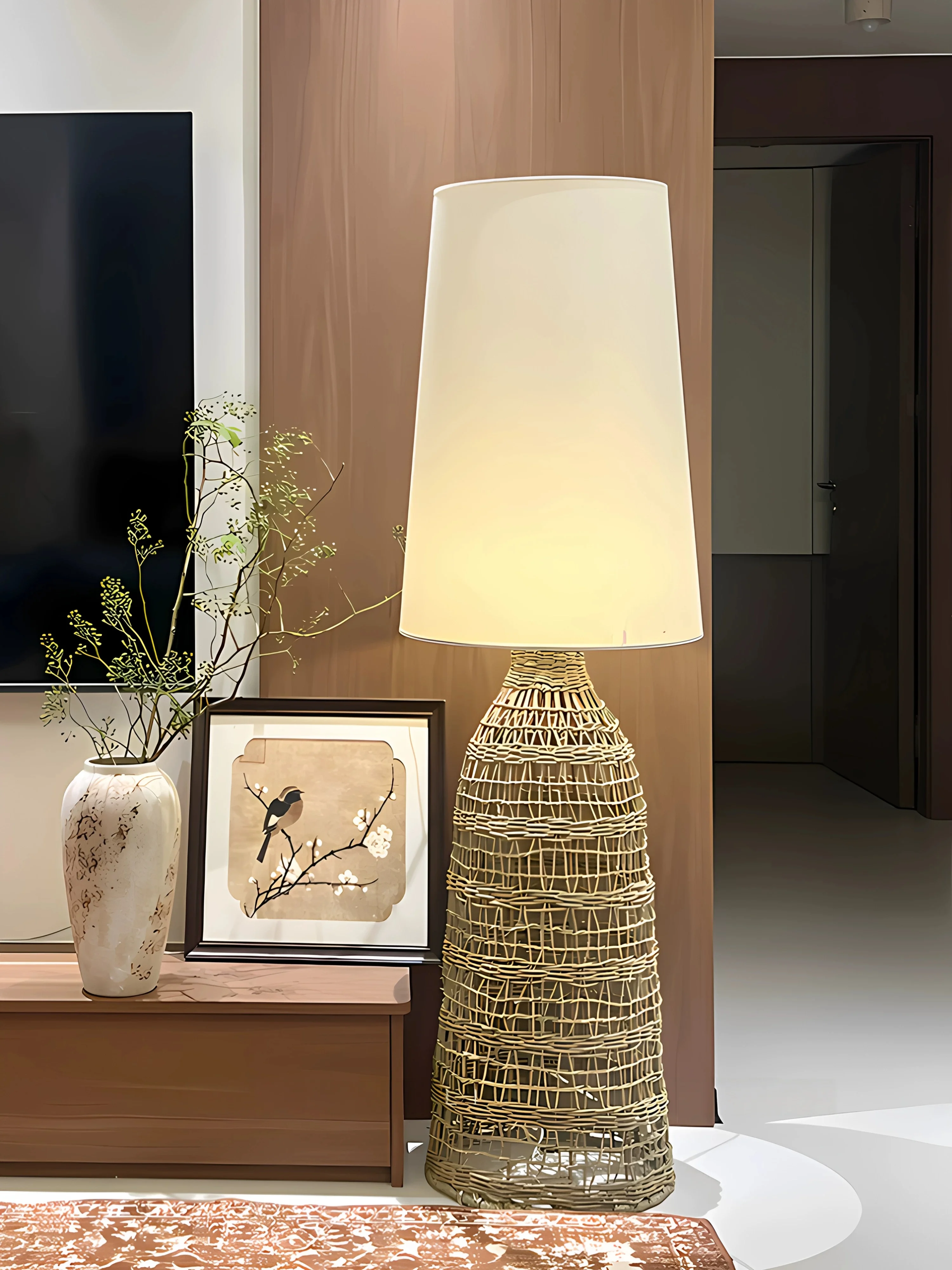 Japanese Style Antique Led Living Room Sofa Side Decoration Floor Lamp Home Decoration Bedroom Rattan Fabric Lighting Fixture
