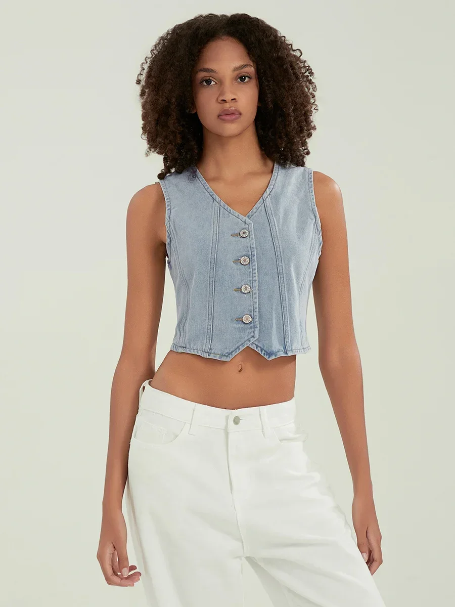 New Fashion Womens Button-Up Denim Vests V-Neck Sleeveless Jean Waistcoat Crop Jacket Club Street Style Hot Sale S M L