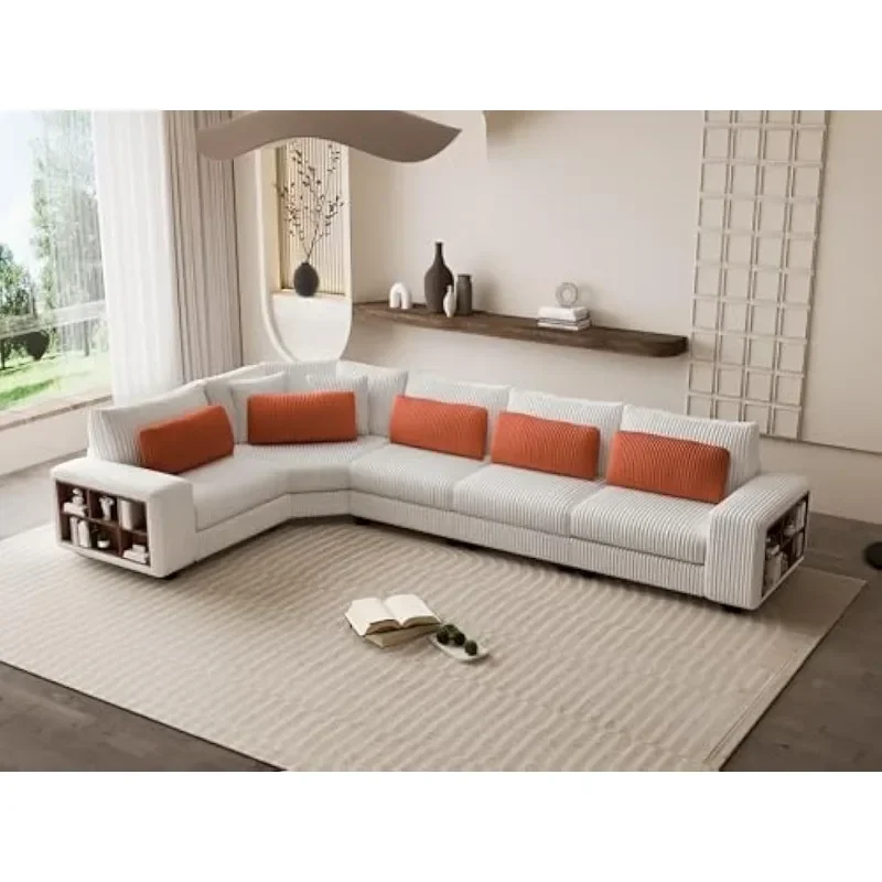 Sectional Couches for Living Room, L-Shaped Sofa Couch with Softe LambWool Fabric, Withe Pillows and Cushions,5 Seat Sofa Set