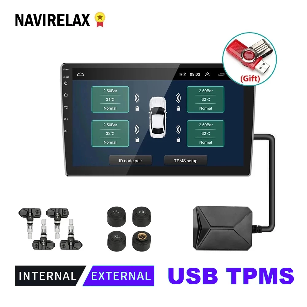 

Android TPMS For Car Radio DVD Player Tire Pressure Monitoring System Spare Tyre Internal External Sensor USB TMPS