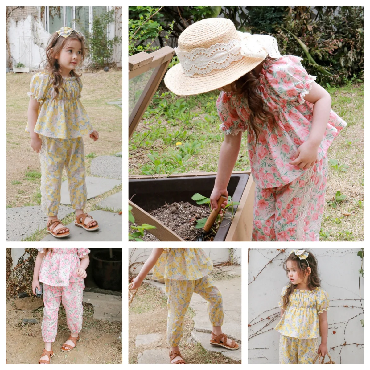 

Mother Kids Girls Retro Flower Waist Bubble Short Sleeve Shirt + Fresh Flower Bundle Leg Long Pants Trousers 2pcs Set