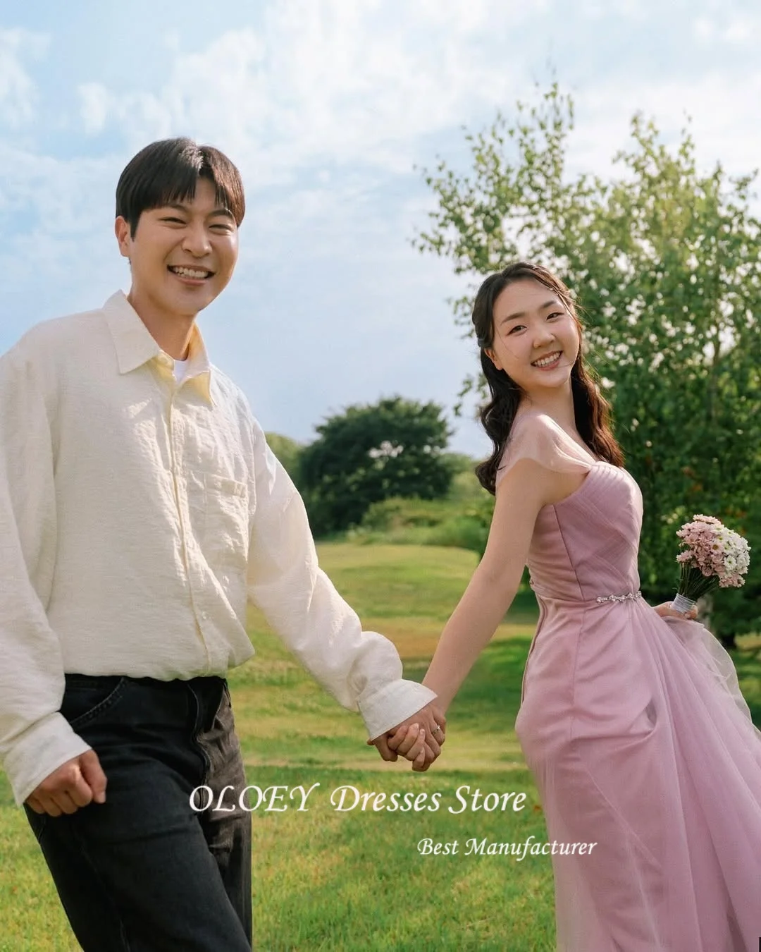 فساتين OLOEY بسيطة بطول الأرض للحفلات الراقصة من التول للحفلات المسائية بدون أكتاف فساتين زفاف كورية لالتقاط الصور حسب الطلب