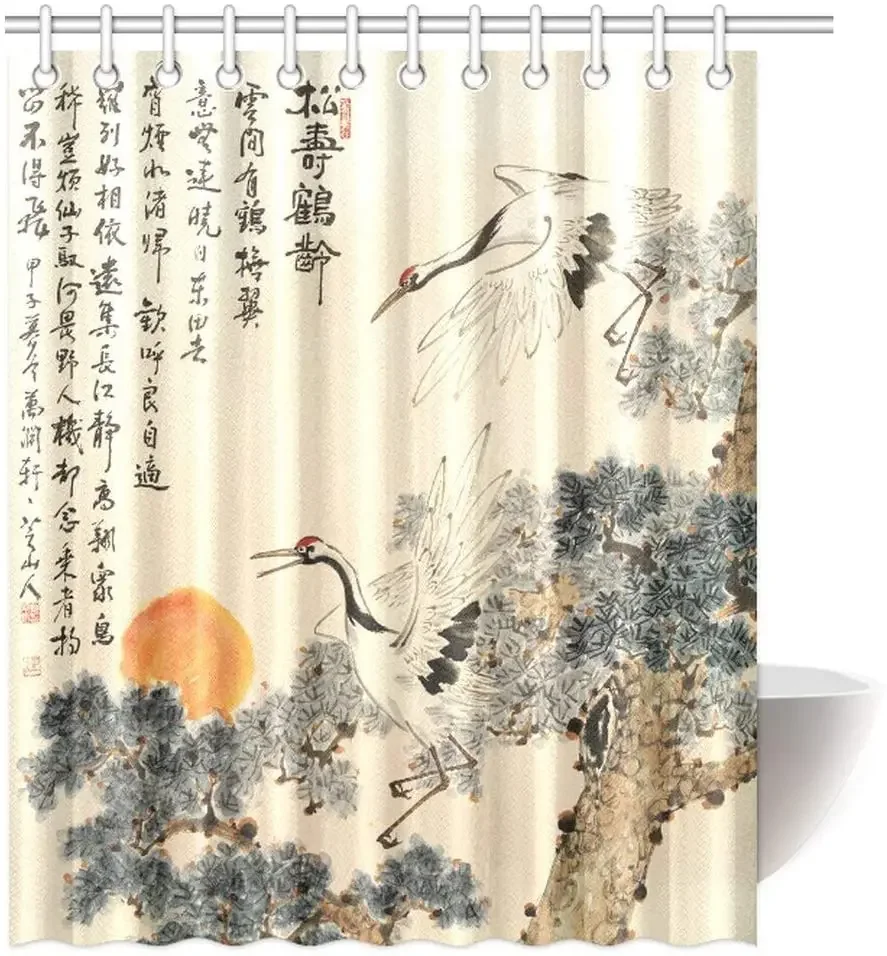 

Asian Traditional Chinese Pine Trees and Crane Flying Landscape Decor Art Prints Bathroom Shower Curtain