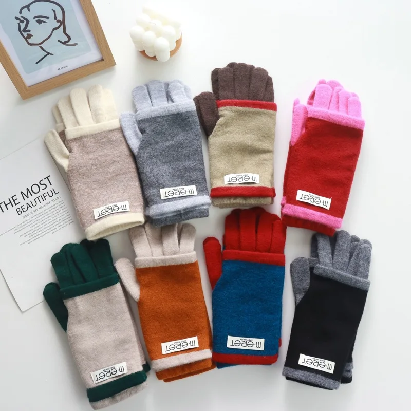 Thickened Leaky Finger Korean Style Ladies Dual-Use Color Matching Knitted Fashion Touch Screen Finger Knitting Wool Gloves