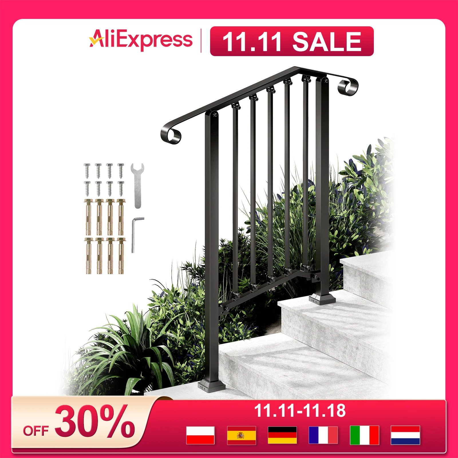 Pasamanos REDLIFE para escalones al aire libre aptos para 2-3 escalones barandilla de escaleras al aire libre, pasamanos de hierro forjado para escalones de hormigón y escaleras de madera